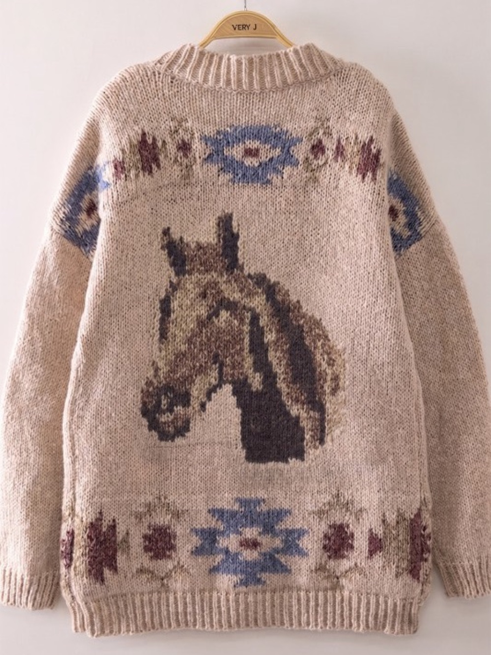 Beige horse embroidered knit western boho Aztec cardigan sweater jacket top - Picture 3 of 3